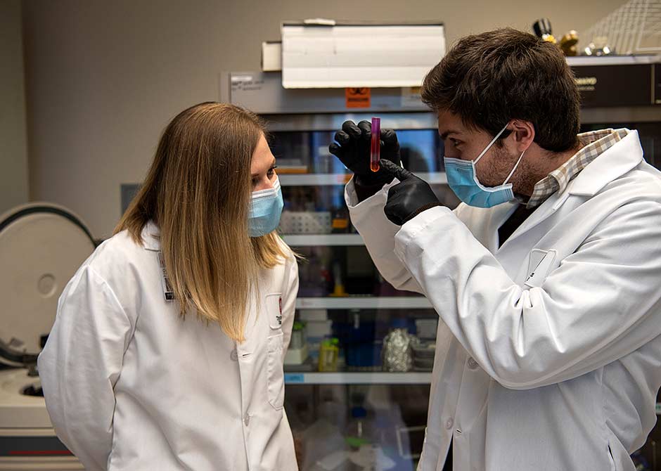 Medical students performing research in lab