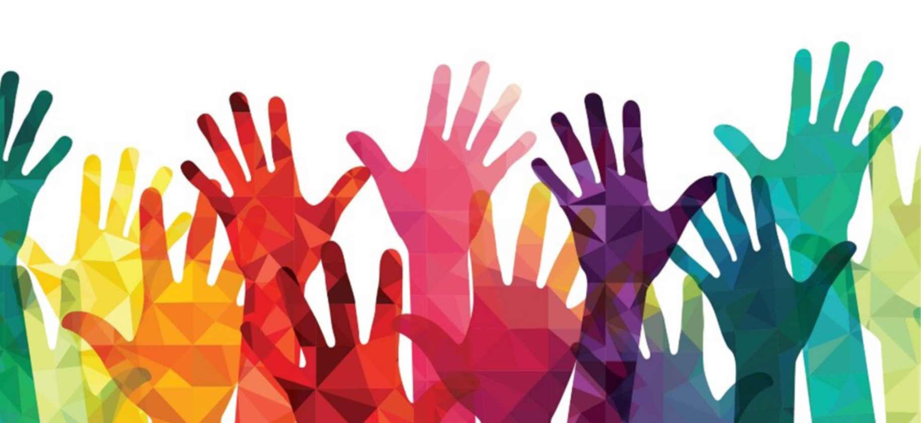 Illustration of rainbow hands reaching up