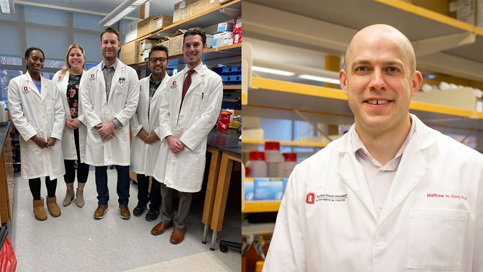 On the left, Andrew Gunderson, PhD, stands with his team in his lab after securing the R01 Grant from the National Cancer Institute. On the right, Matthew Gorr, PhD, stands in his lab after securing his R01 Grand from the National Heart, Lung, and Blood Institute.  