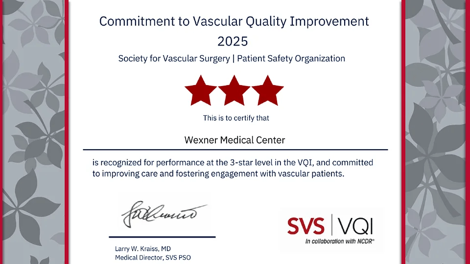 Award certificate  stating Ohio State receives highest three-star vascular surgery quality award from SVS/VQI