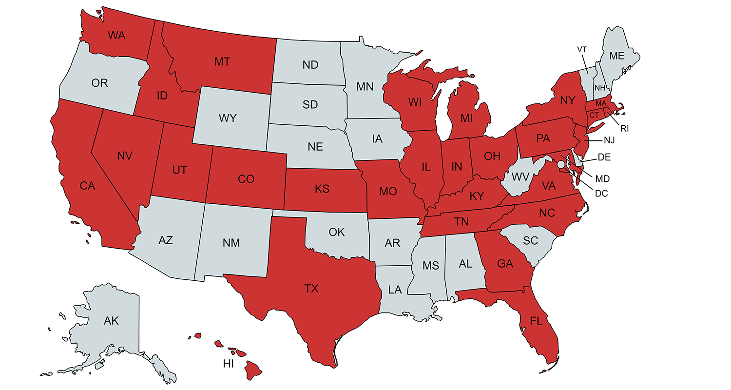 Map of the home states where our students are from. Almost half of our class is made up of out-of-state students.