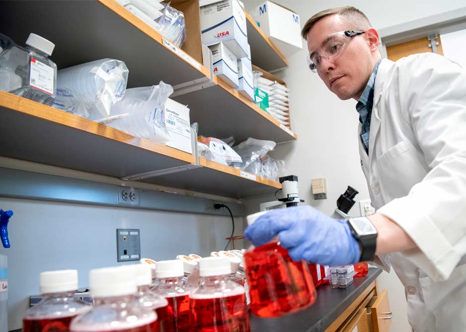 Researcher in lab with samples