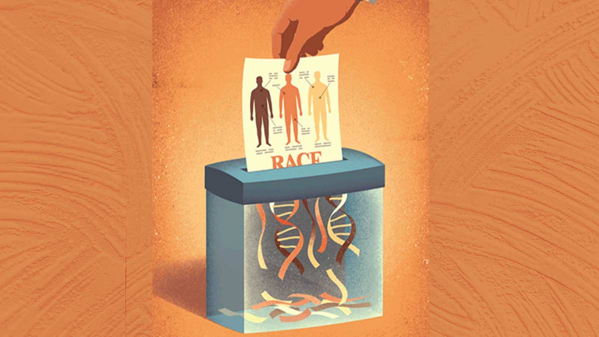 Illustration of hand shredding race paper into DNA