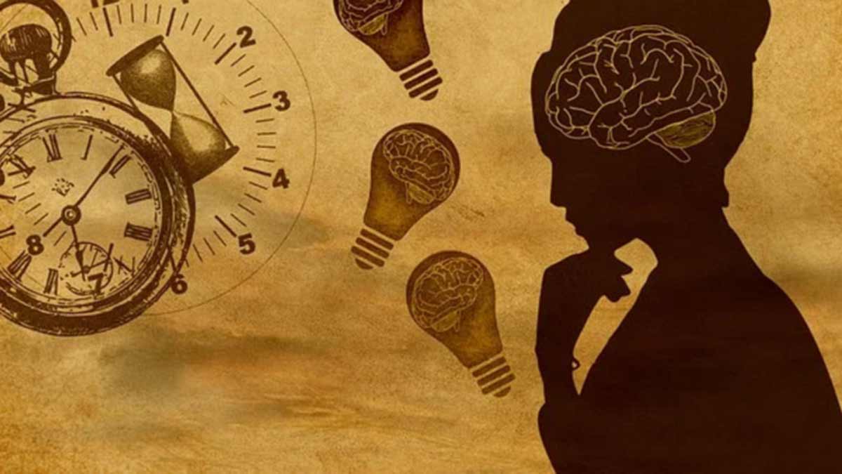 Silhouette of woman thinking with lightbulbs and clocks floating