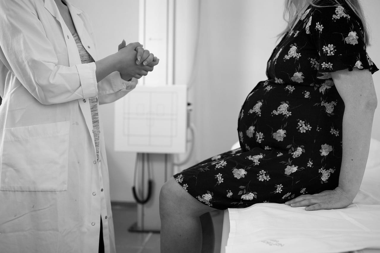 A pregnant person consulting with a doctor
