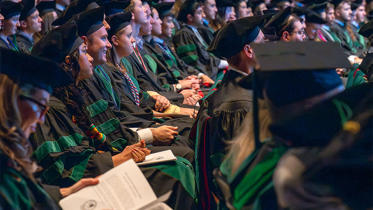 People seated in cap and gowns at graduation