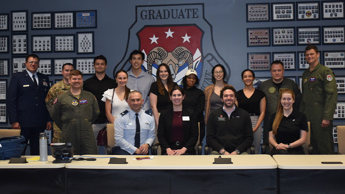 A group of people gathered at Wright Patterson Air Force Base.