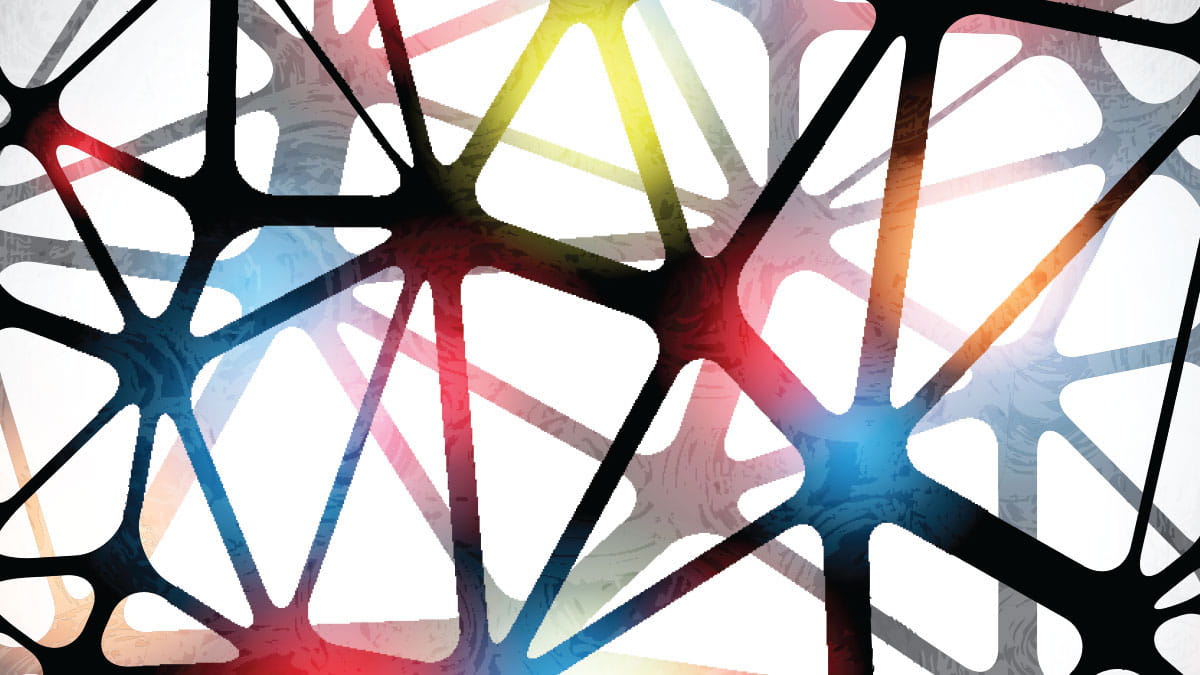 Abstract image with intersecting black lines and colorful gradients of blue, red, and yellow.