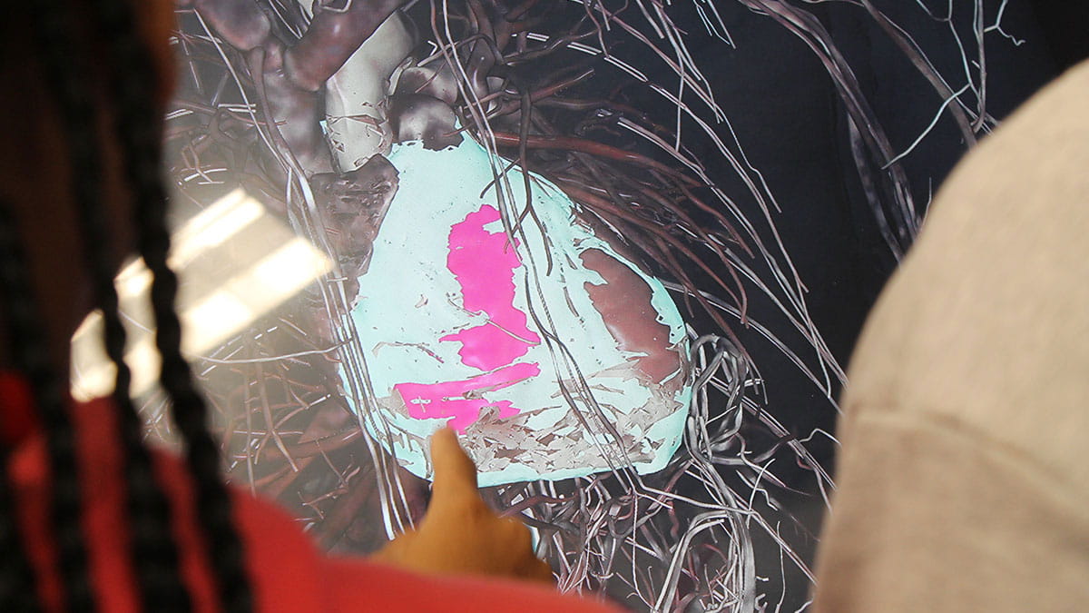 Two people observing and pointing at a digital or virtual 3D model of a heart with highlighted areas on a screen.