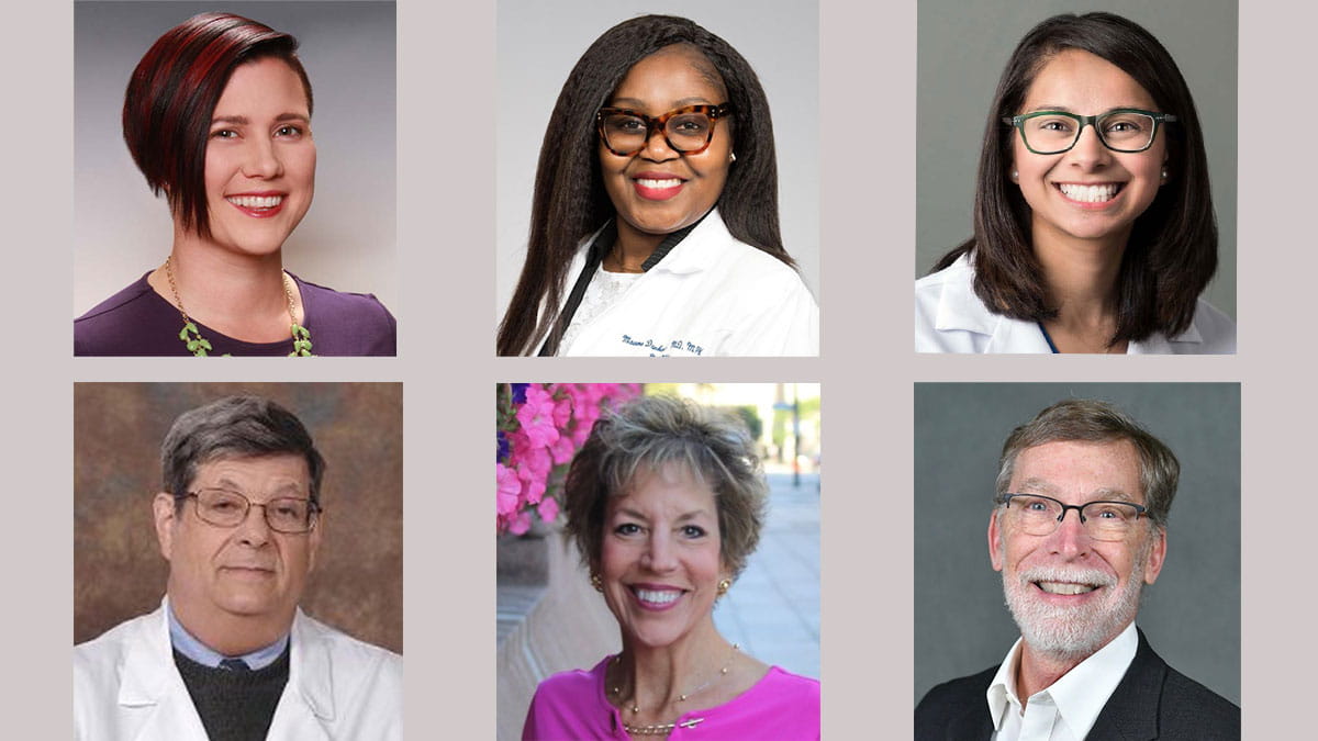 Collage of six smiling College of Medicine alumni in professional portraits arranged in a two-by-three grid. 