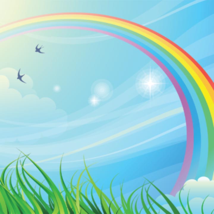 Illustration of blue sky with rainbow and two bird silhouettes