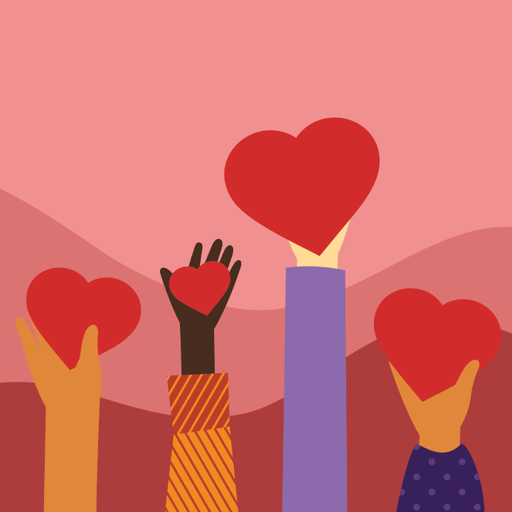 Illustration of hands holding 2D hearts