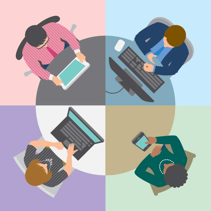 4 staff in a virtual meeting on different devices