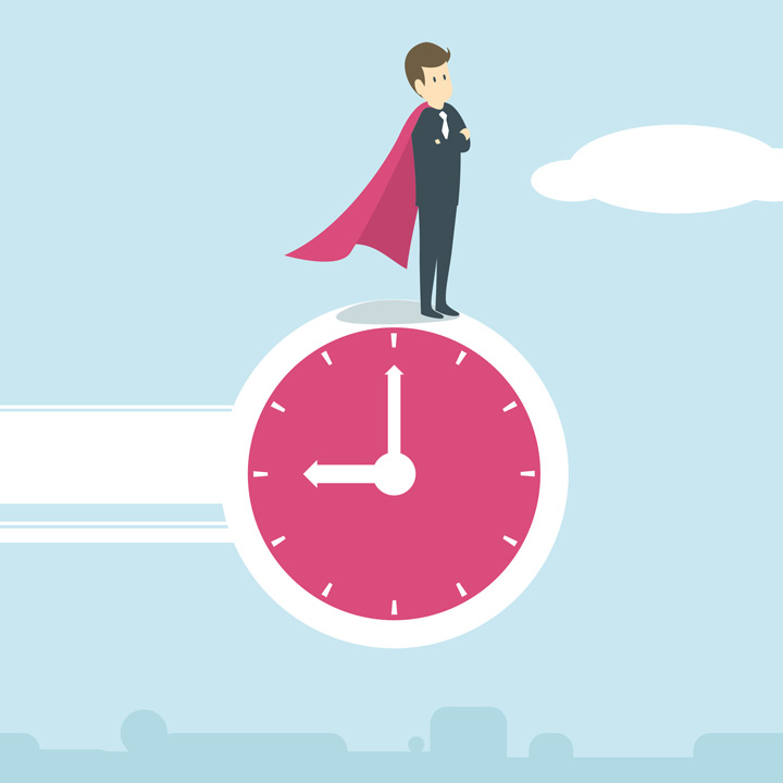 Superhero wearing suit on top of the clock