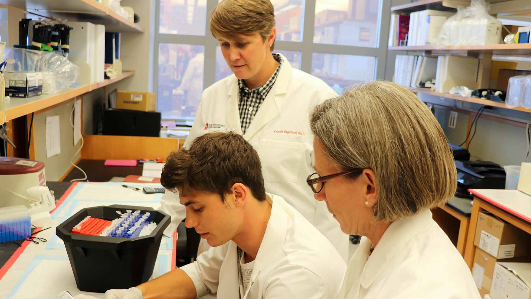 Kristin Stanford, standing facing camera, and her research team