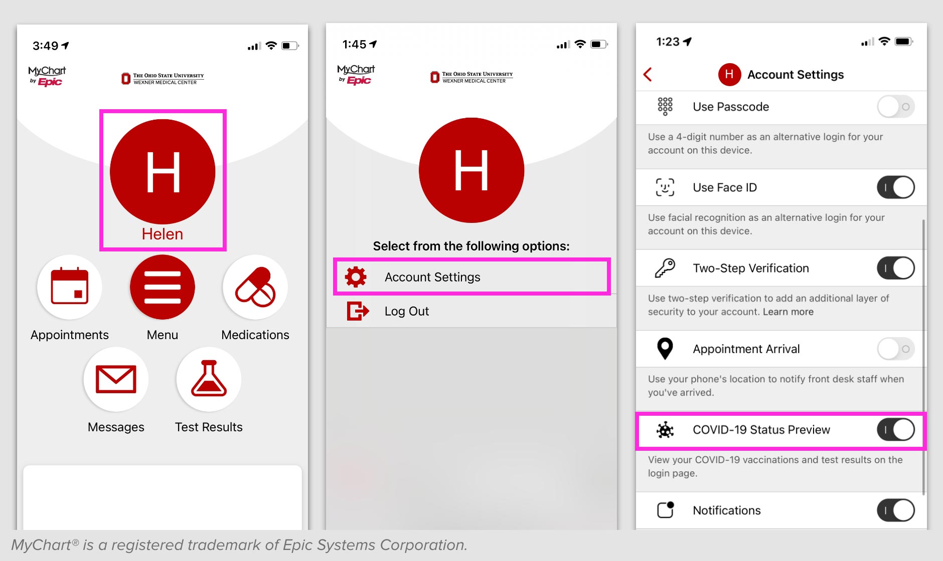 Images of the MyChart login screen, and account settings screens